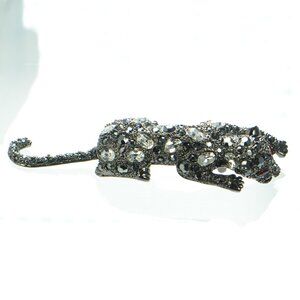 Vintage Kenneth Jay Lane KJL Crystal Leopard Gunmetal Pin Brooch